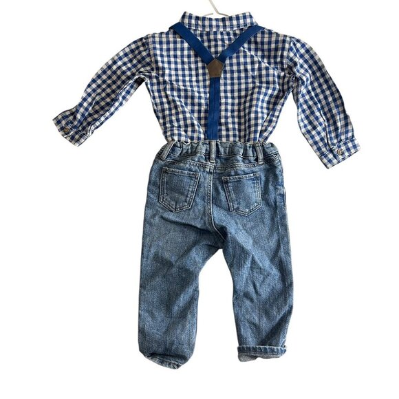 H&M Baby Boy Blue Gingham Button Down Jeans Suspenders Sz 9-12M Adjustable - Picture 3 of 6